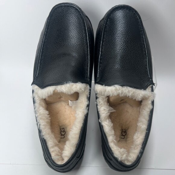 Ugg Black Leather Mens Ascot Slippers With Shearling Lining Size 14 - Picture 3 of 8